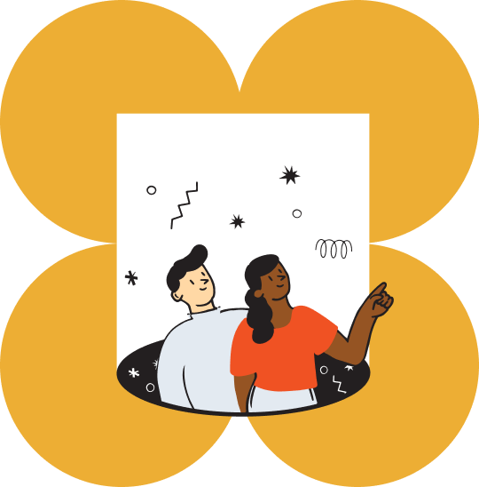 graphic of 2 characters popping out of a portal